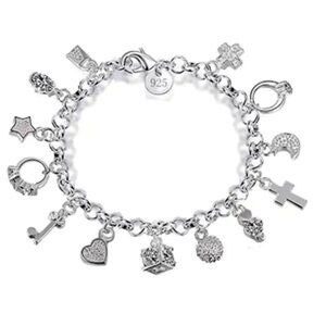 925 Sterling Silver Charm Bracelet 13 Charms NWT 7in